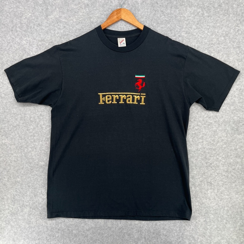 Vintage 90s Ferrari T Shirt Adult XL Black Embroidered Logo Jerzees Made in USA